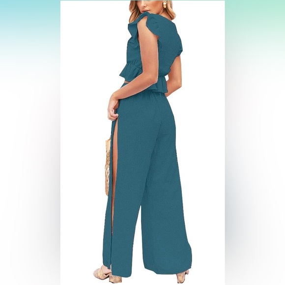 2-Piece Set: V-Neck Top, Wide Leg Bottoms - Picture 2 of 4